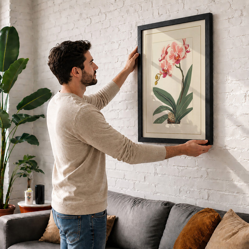 Pink Orchid Study Botanical - Framed Print, A2 - 59.4 x 42.0 cm, White
