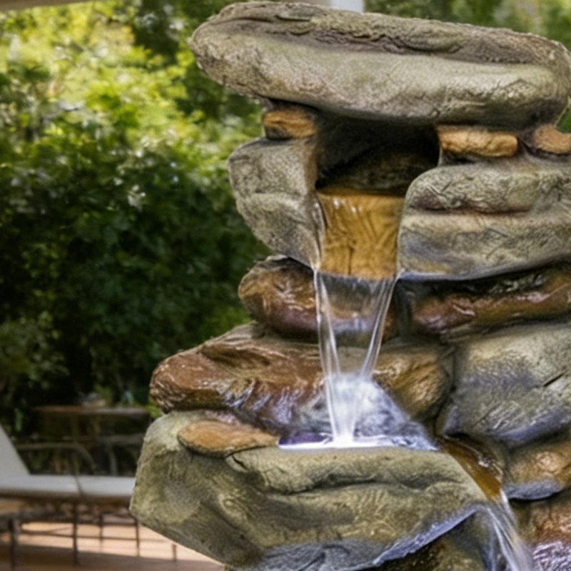 Fontaine d'extérieur en cascade avec lumières DEL autoportantes aspect pierre pour patio de jardin