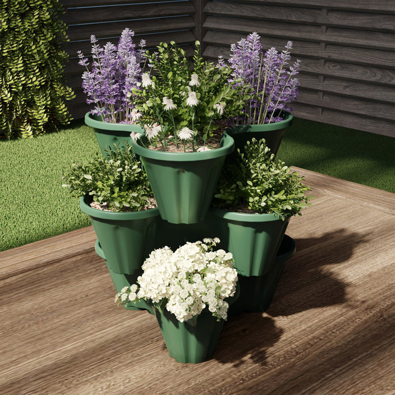 Stacking Flower Pot Tower- Space Saving Set of 3 Indoor Outdoor Vertical Stackable Plastic Herb and Flower Planters by Pure Garden