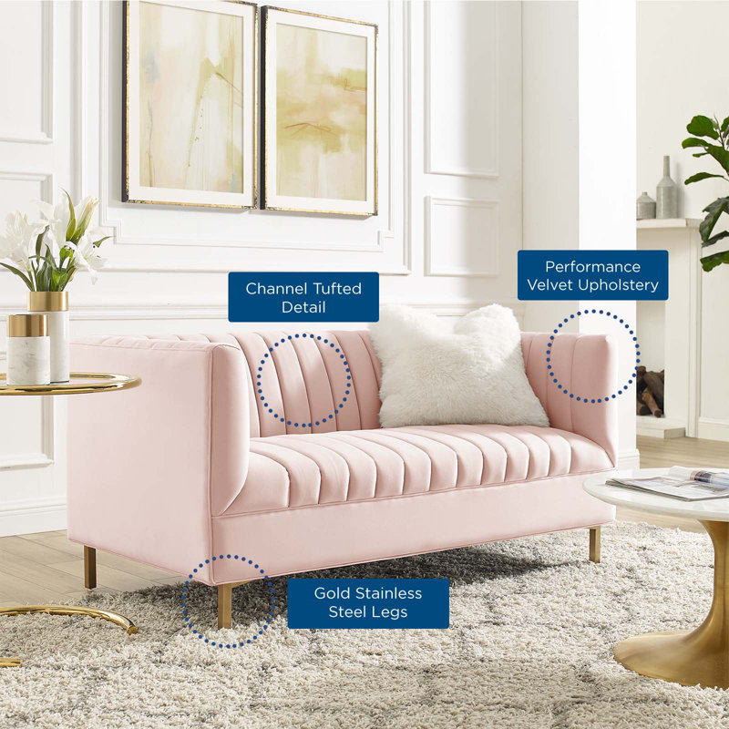 Pink Velvet Tufted Loveseat with Gold Legs