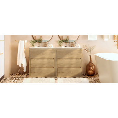 Double meuble-lavabo double en céramique avec cadre en bois naturel pour salle de bain moderne