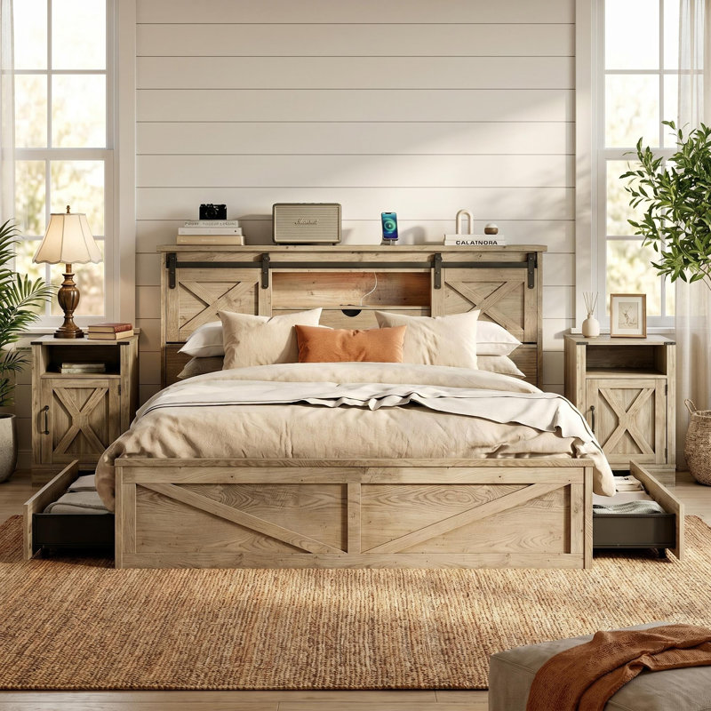 3-Pieces Bedroom Sets ,Farmhouse Bed Frame Queen Size With LED Lights And Charging Station,Nightstands Set Of 2 With 2-Drawer
