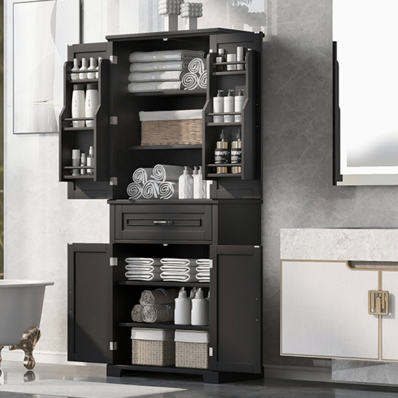 Armoire de rangement pour salle de bain avec tiroir et tablette réglable, Black, H 72,03 po x l 29,93 po x P 15,67 po