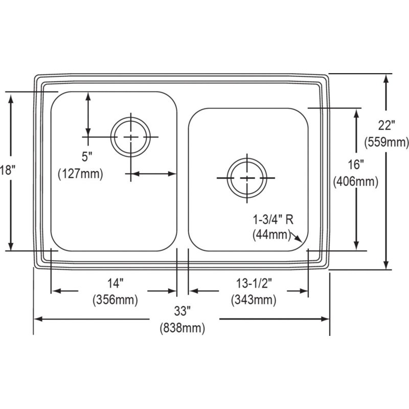 Évier de cuisine double l 33 po x l 22 po Pacemaker, 2 trous, Satin