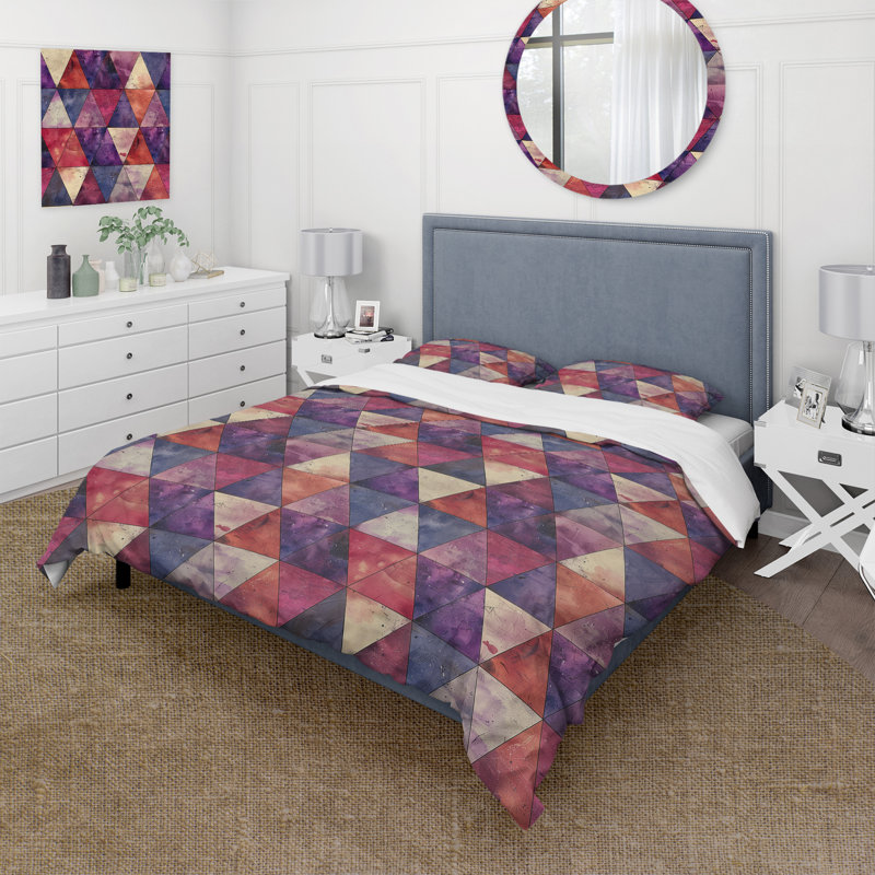 Ensemble de housse de couette mauve et rouge Midcentury Triangle, Housse de couette pour grand lit + 2 taies décora
