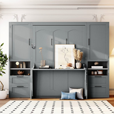 Gray, Full Size, Wall Bed, Side Flip, Under - Bed Shelf, Guest Room, Style, Function, Keep Essentials In Place, Customizable Configuration Integrated Shelving, Small Functionality, Space Tidy, Design