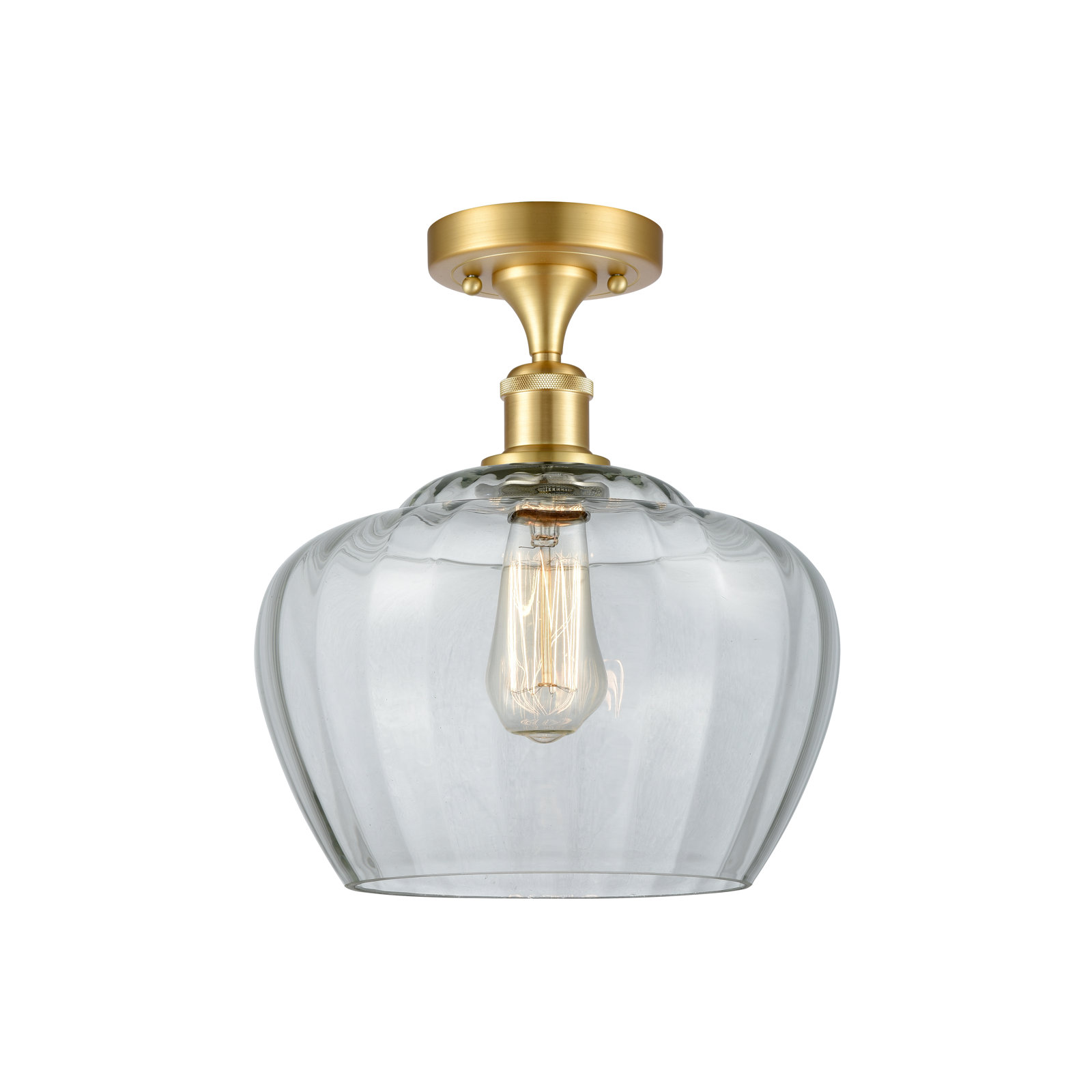 Renee Single Light Glass Semi Flush Mount, Clear, 6 Watt Vintage LED Bulb, Satin Gold