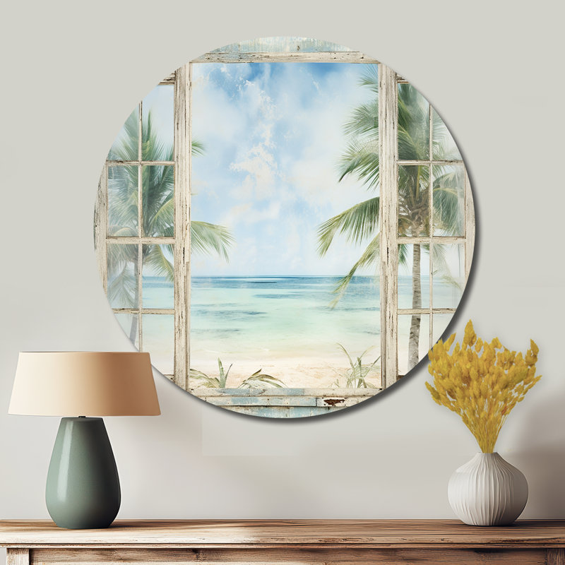 Fenêtre de plage tropicale Horizon II - bord de mer, art en métal rond, H 36 po x l 36 po