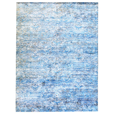 Tapis unique en soie noué à la main 8 pi 11 po x 12 pi 1 po nouvel âge Ripple