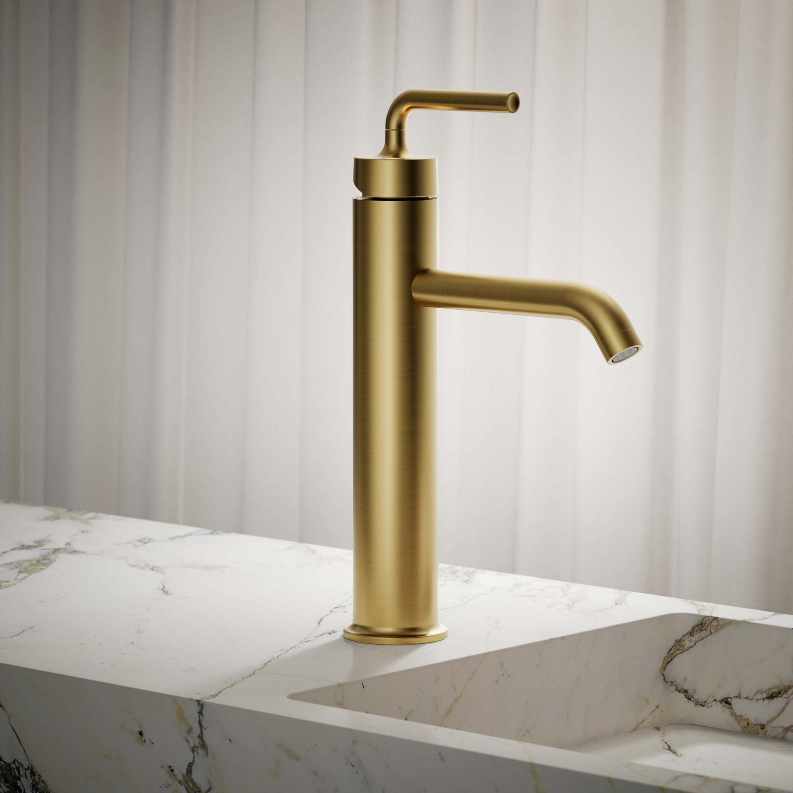 Purist Vessel Sink Bathroom Faucet with Drain Assembly, Vibrant Brushed Moderne Brass
