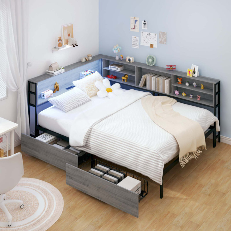 Corner Daybed With Storage, Bookcase Headboard, LED Light & Built-In Charging Station