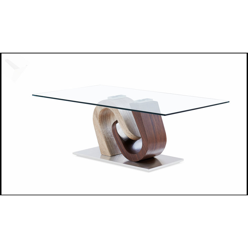 Table basse Chase avec piédestal géométrique en forme de vague et finition noyer et chêne à deux tons pour une élégance moderne