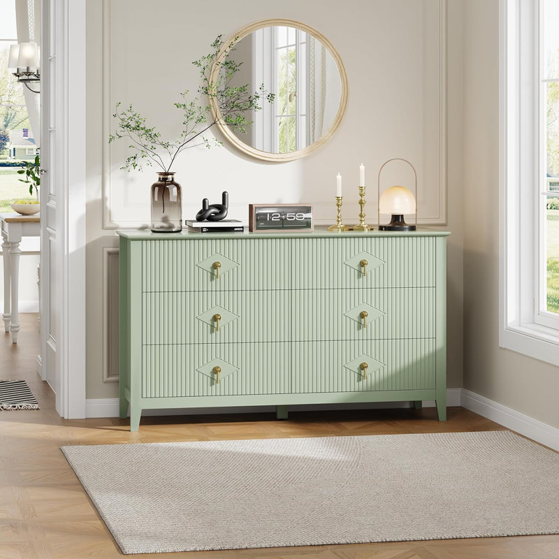 Commode pour chambre à coucher avec 6 tiroirs, commode extra large 54 "avec poignée en métal, Vert