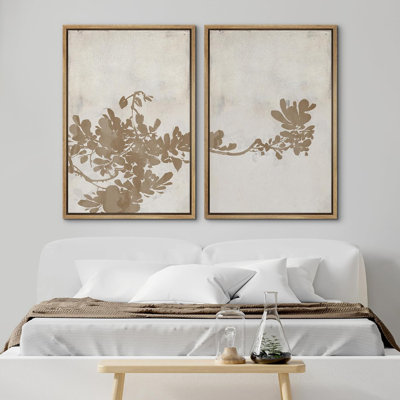 Leaves "Distressed Tan Brown Neutral Artwork, Classic Minimalist Wall Pictures, Framed Canvas Giclee Print 2 Pieces Wall Art Set" 16x24x2 pcs, 24x36x2 pcs