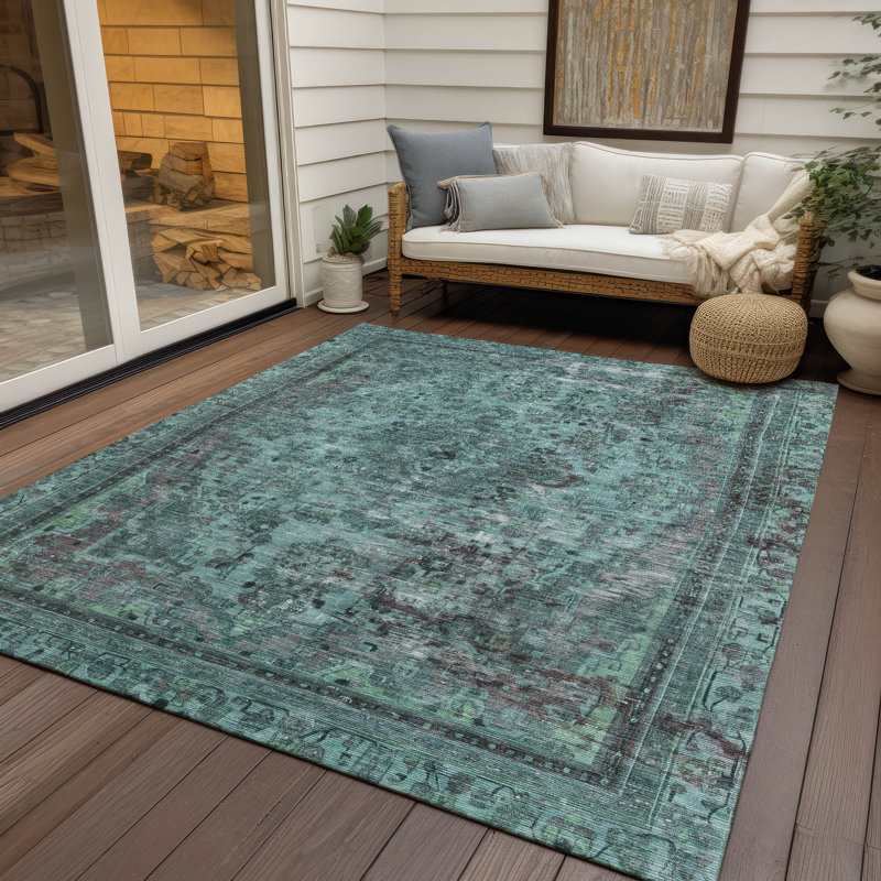 Machine Washable Indoor/Outdoor Claudian ACN1646 Teal Rug, Rectangle 8' x 10'