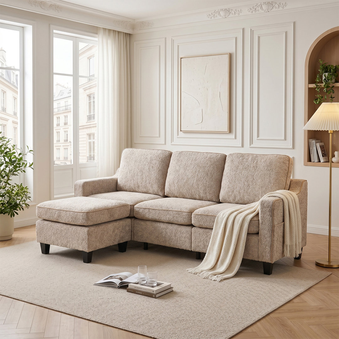 Convertible L-Shaped Sectional Sofa, 196cm 3-Seater Corner Couch with Movable Footstool, Corduroy Corner Sectional for Living Room & Small Spaces, Bro