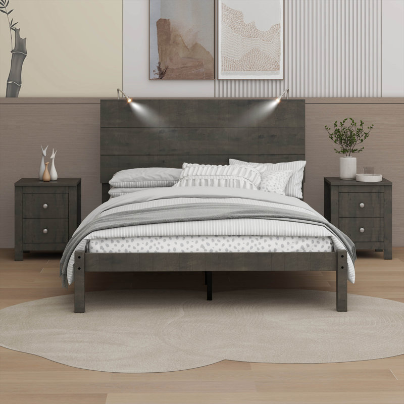 Ensemble de chambre à coucher 3 pièces, lit plateforme avec deux lumières de chevet, table de chevet 2 tiroirs, Gris antique