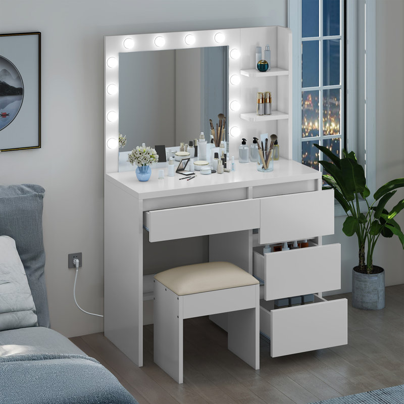 Balconera Dressing Table With Mirror,4-drawers Makeup Vanity Table Set For Bedroom Makeup Desk