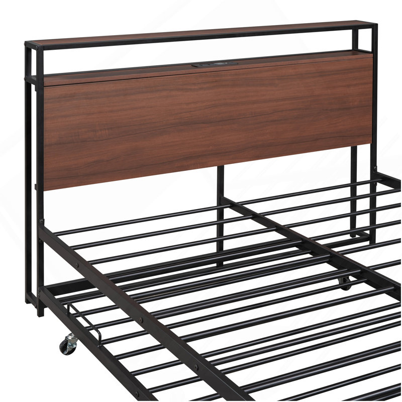 Structure de lit plateforme pleine grandeur en métal avec lit gigogne, ports USB et support à lattes, sans sommier noir, Noir