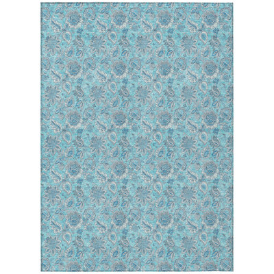 3' X 5' Aqua Blue And Silver Floral Washable Indoor Outdoor Area Rug