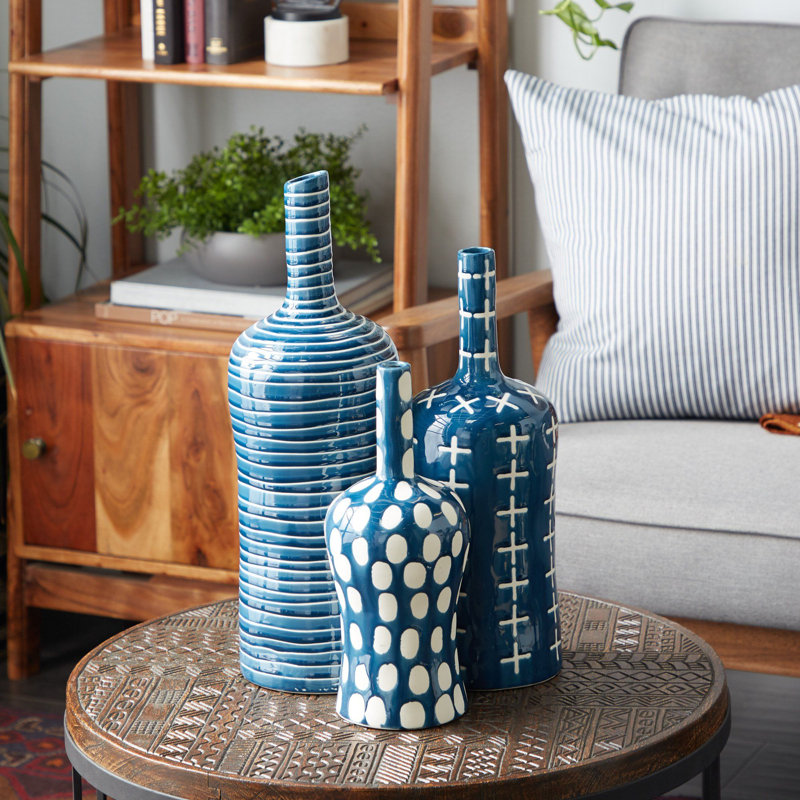 Ceramic Decorative Blue Vase with Varying Patterns Set