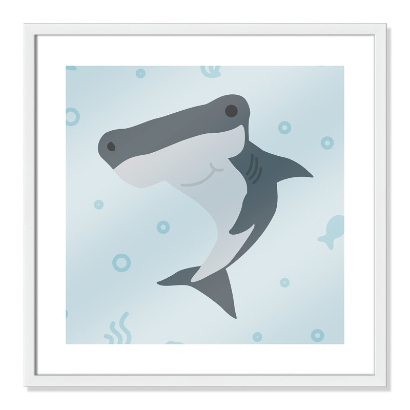 Impression sur papier Happy Hammerhead, H 22,5 po x l 22,5 po x P 1,18 po, Encadré de boîte à grain de bois blanc