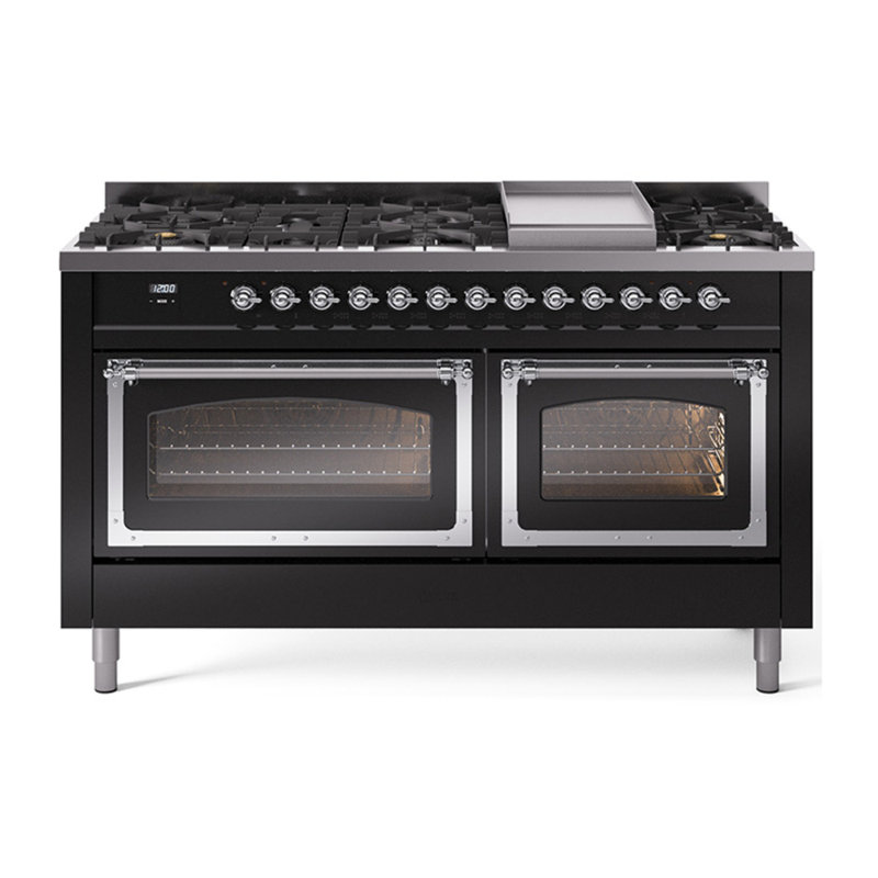 Cuisinière à double combustible ILVE Nostalgie II Series 60 po avec 9 brûleurs scellés, plaque de cuisson (propane liquide, porte vitrée)