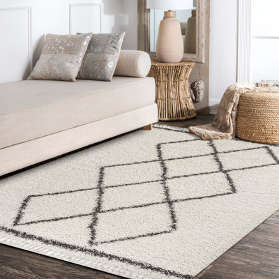 Cantera Shag Plush Tassel Moroccan Tribal Geometric Trellis Cream/Gray Rug