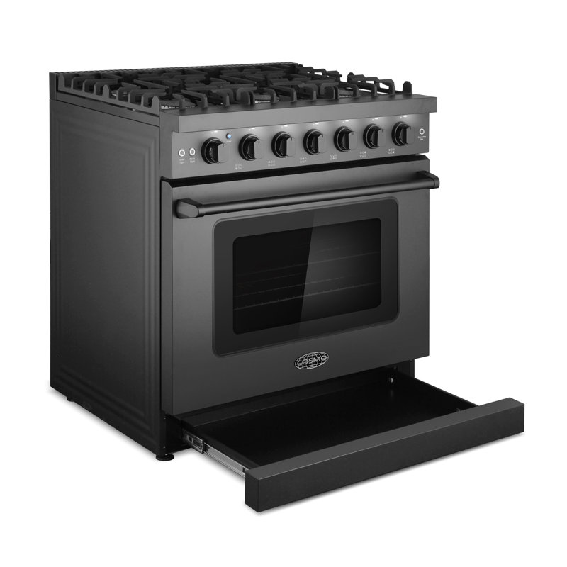 Cosmo 36 po Collection Haven Pi. Cuisinière à gaz, 6 brûleurs, four à convection, boutons à DEL, tiroir de rangement, noir mat