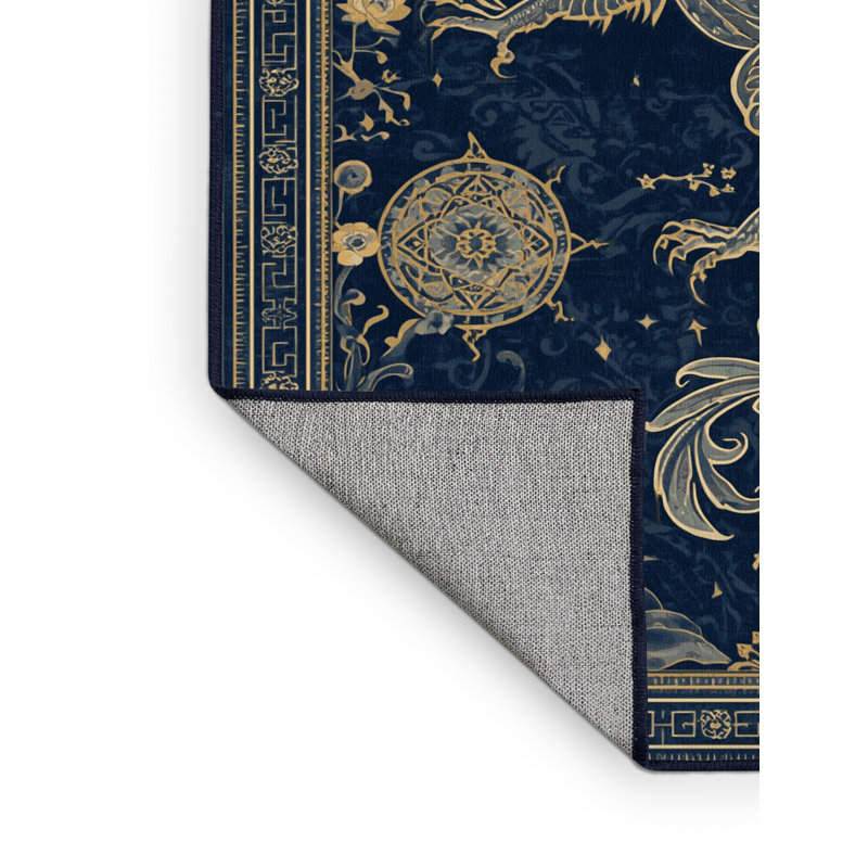 Tapis oriental bleu lavable à la machine Ozgur Griffin, 8 x 12