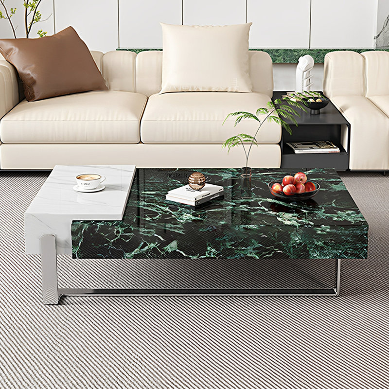 Table basse moderne avec pieds en métal, Blanc/vert, H 13,77 po x L 51,18 po x l 27,55 po
