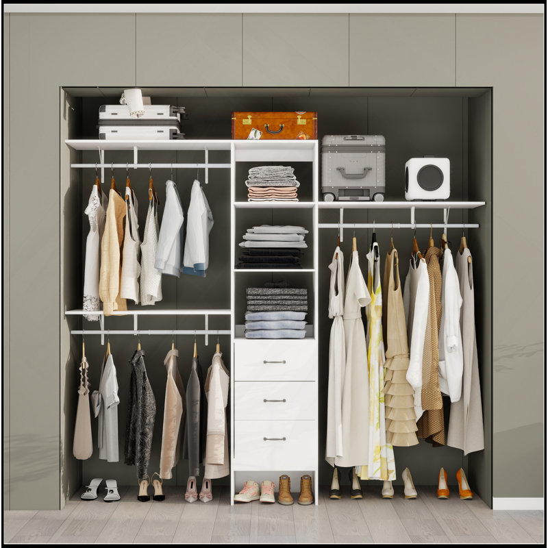 Système d'organisation 96 po, rangement pour garde-robe 8 pi avec 3 tablettes réglables, 3 tringles extensibles et 3 tiroirs, porte-vêtements intégré, L 96 po x l 16 po x H 82 po