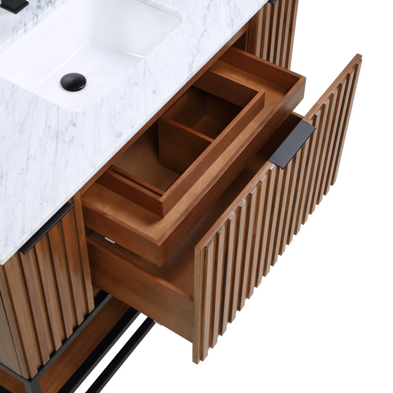 Terra 48'' Single Bathroom Vanity with Top, Carrara Marble/Single Faucet Mount, Walnut, Matte Black