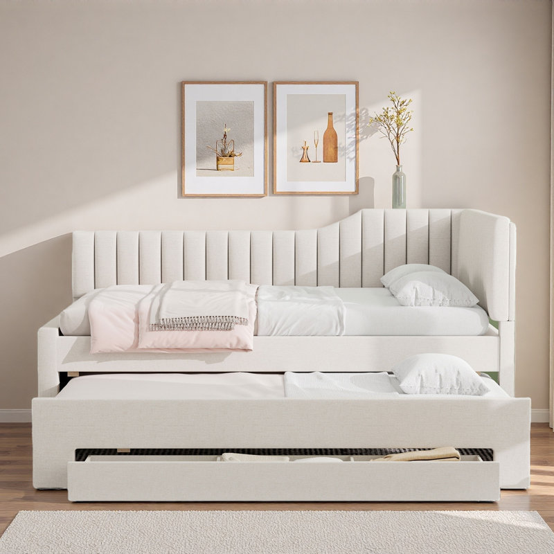 Upholstered Daybed With Trundle, Three Drawers And Vertical Striped Design, Beige