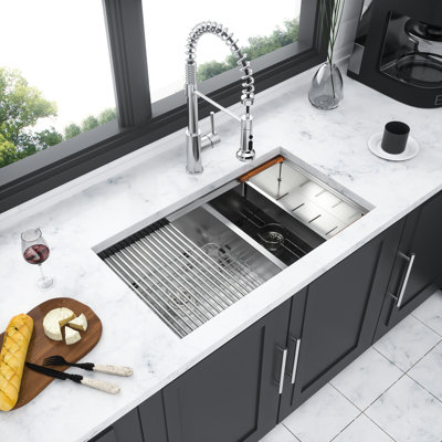 Évier de cuisine encastré 30 po x 19 po à double cuve 60/40 en acier inoxydable T304 de calibre 16, cuve profonde de 10 po, style, débit d'eau en forme de X, coin arrondi R10, revêtement pour la condensation, coussin de 3 m, paquet avec