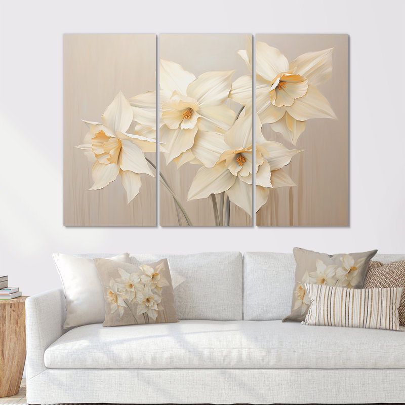 Minimalisme beige jonquilles I - ensemble d'art mural sur toile jonquilles, H 32 po x l 48 po x P 1 po