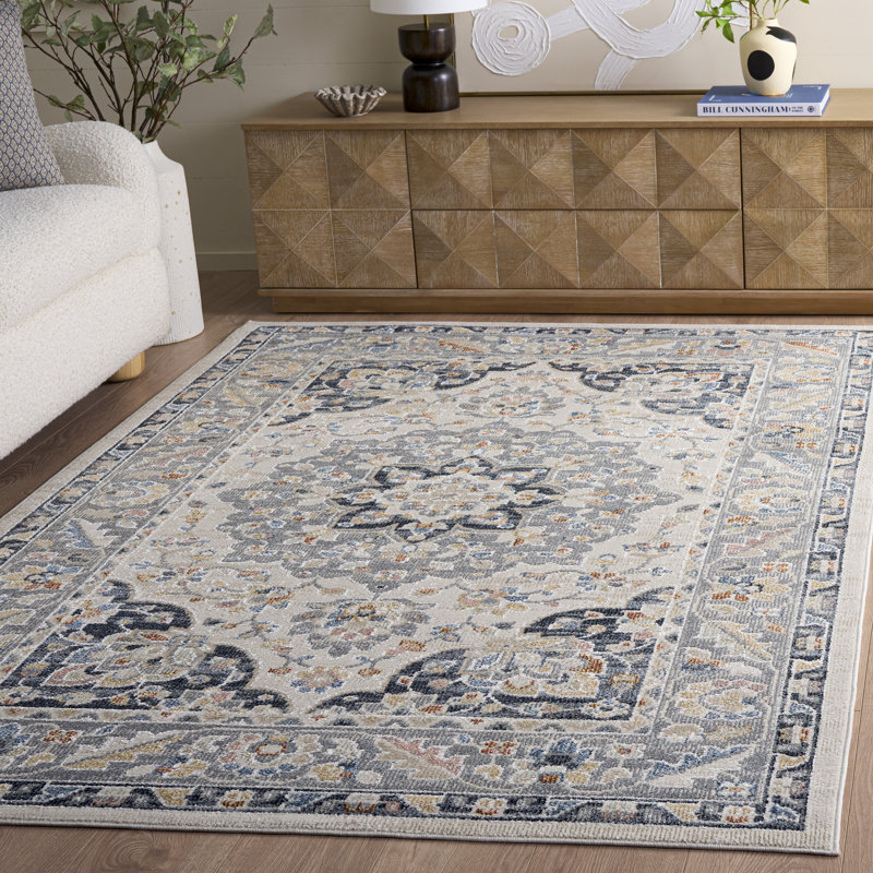 Tapis lavable Hults 204 en beige / gris / bleu marine, Rectangle 5 pi 3 po x 7 pi 6 po