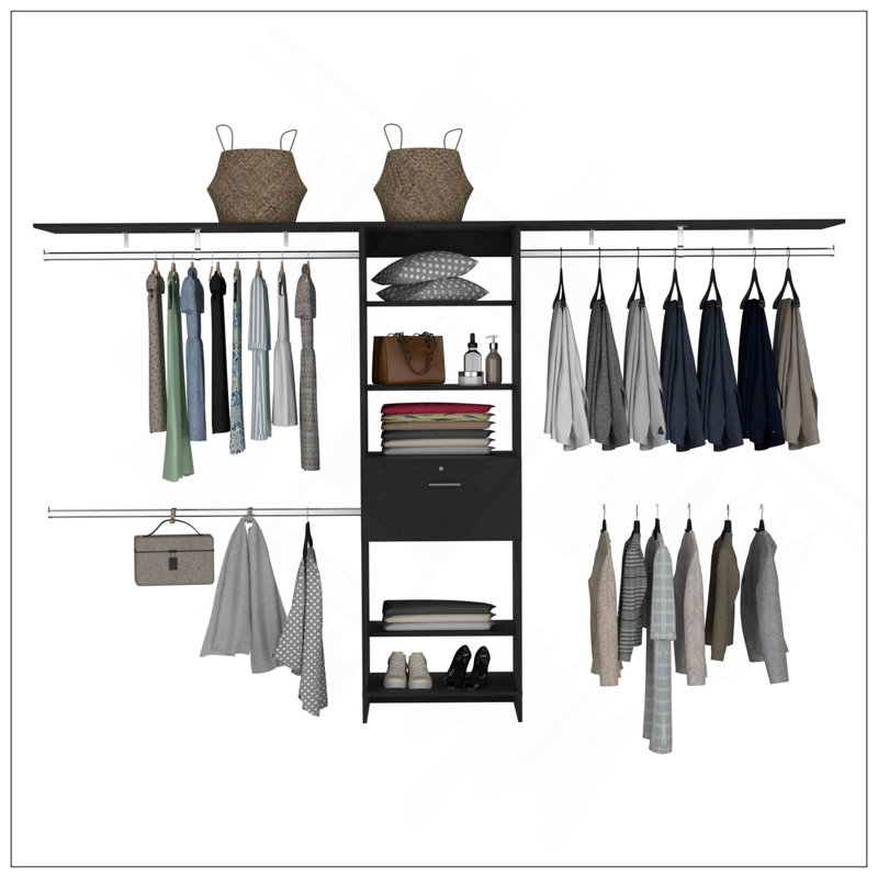 Système de placard l 70 po - l 118 po, trois tringles de suspension, cinq tablettes, un tiroir, noir