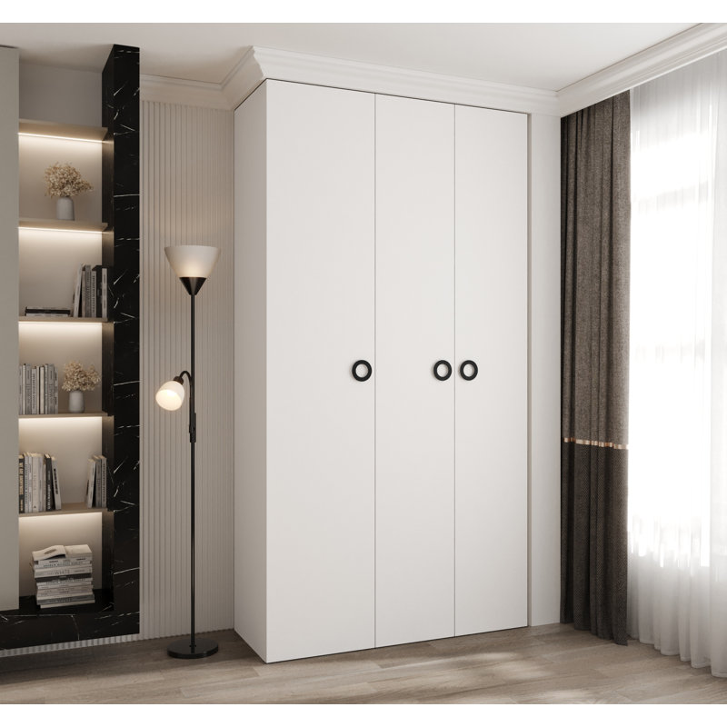 3 Door Manufactured Wood Wardrobe, 245cm H x 130cm W x 50cm D, White Matt/Black Hanlde