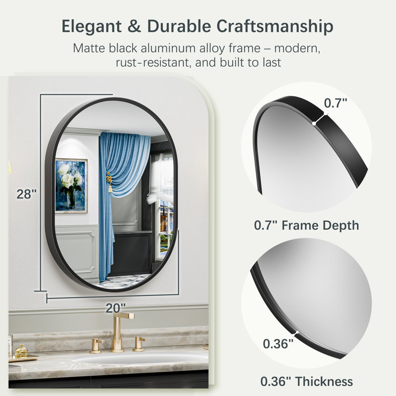 Matte Black Oval Vanity Mirror with Aluminum Alloy Frame, HD Tempered Glass, French Cleat Mounted Wall Decor Bathroom Vanity Mirror