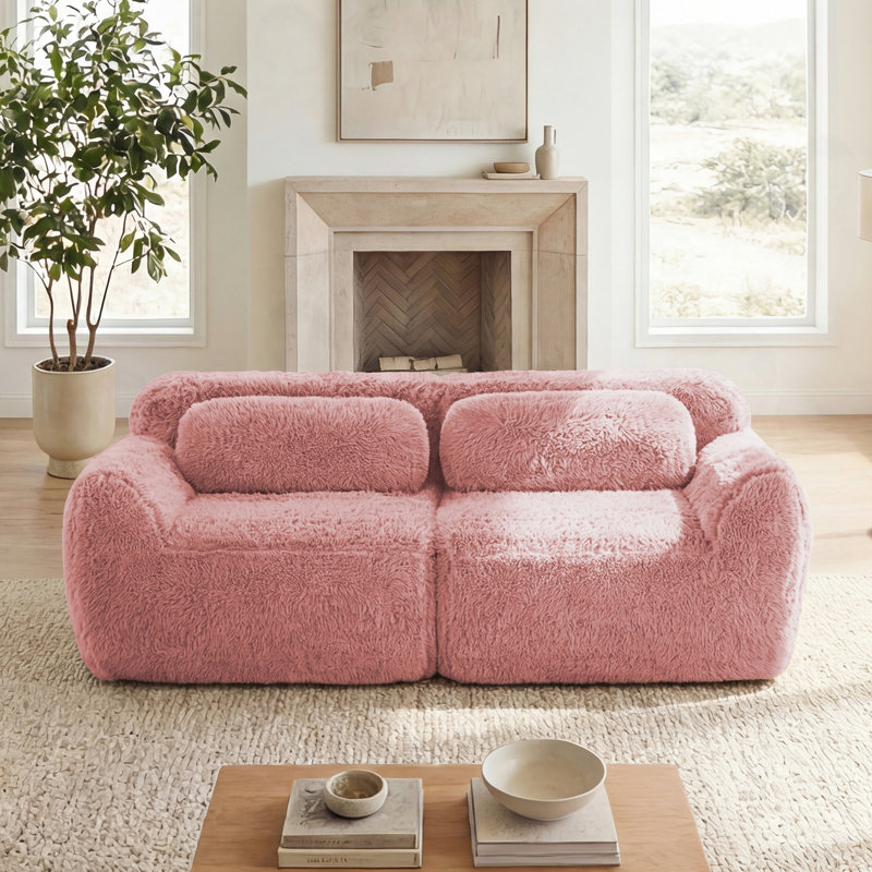 Canapé 2 places en tissu moelleux et moelleux, Peluche rose, Rose