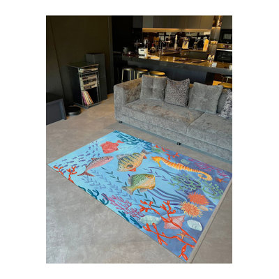 Barcelona Collection Underwater Themed Fish and Seahorse Pattern Modern Decorative Machine Washable Area Rug
