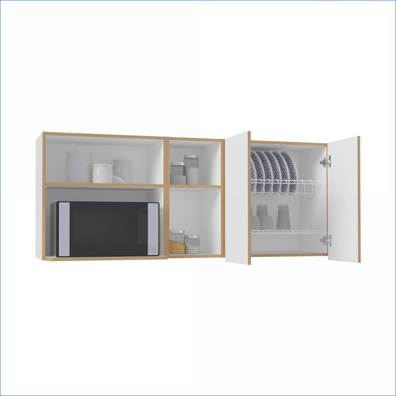 Armoire murale | Rangement 59 po à deux portes, chêne naturel blanc cassé, 4 tablettes + support à vaisselle | Moderne | Multi