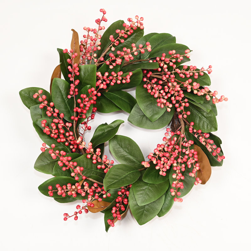 Décoration de Noël 22 po avec couronne de feuilles de magnolia, Rose