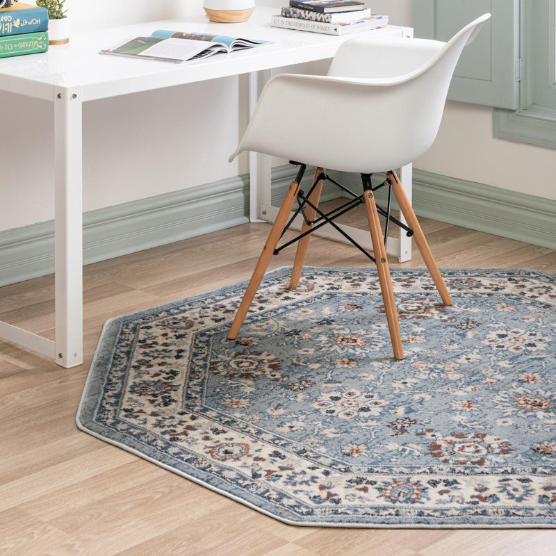 Tapis bleu turquoise à motif floral Arends, Octogone 5 pi 3 po