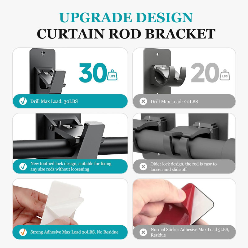 Adhesive No Drill Curtain Rod Brackets,Heavy Duty 30LB Holders For Bathroom Bedroom Kitchen, Universal Damage-Free Window Rod Hooks With Nail,Free Installation ,4PC