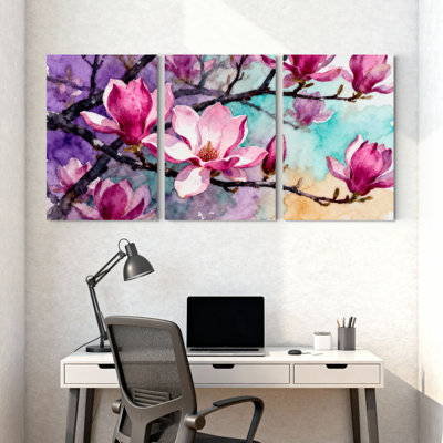 «Magnolia Pink Magnolia Flowers On Branches», ensemble de 3 impressions sur toile