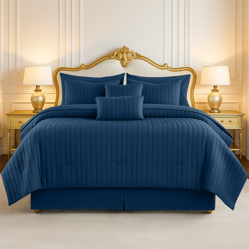 10 Pcs MF Comforter Set Bed in a Bag for All Seasons Seersucker Lightweight Comforter Set with Sheets, Navy