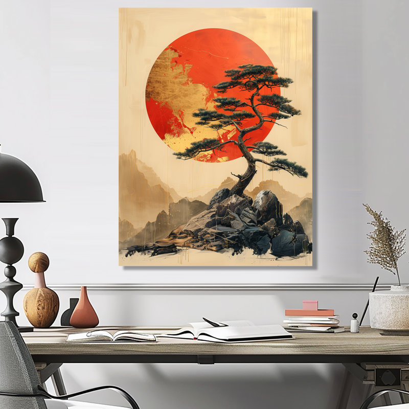 Décoration de coucher de soleil Bonsai doré orange - Japon I, Sans cadre, métal, H 34 po x l 44 po