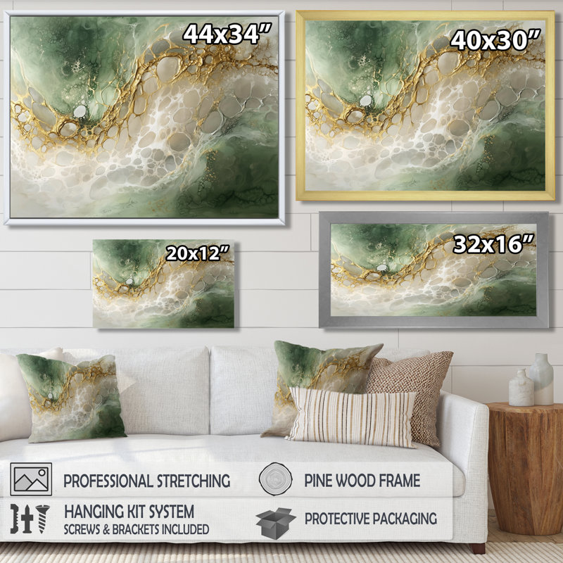 Éphémère, chemin émeraude vers la pierre précieuse I - art mural en marbre, H 28 po x l 60 po, Cadre flottant, Doré